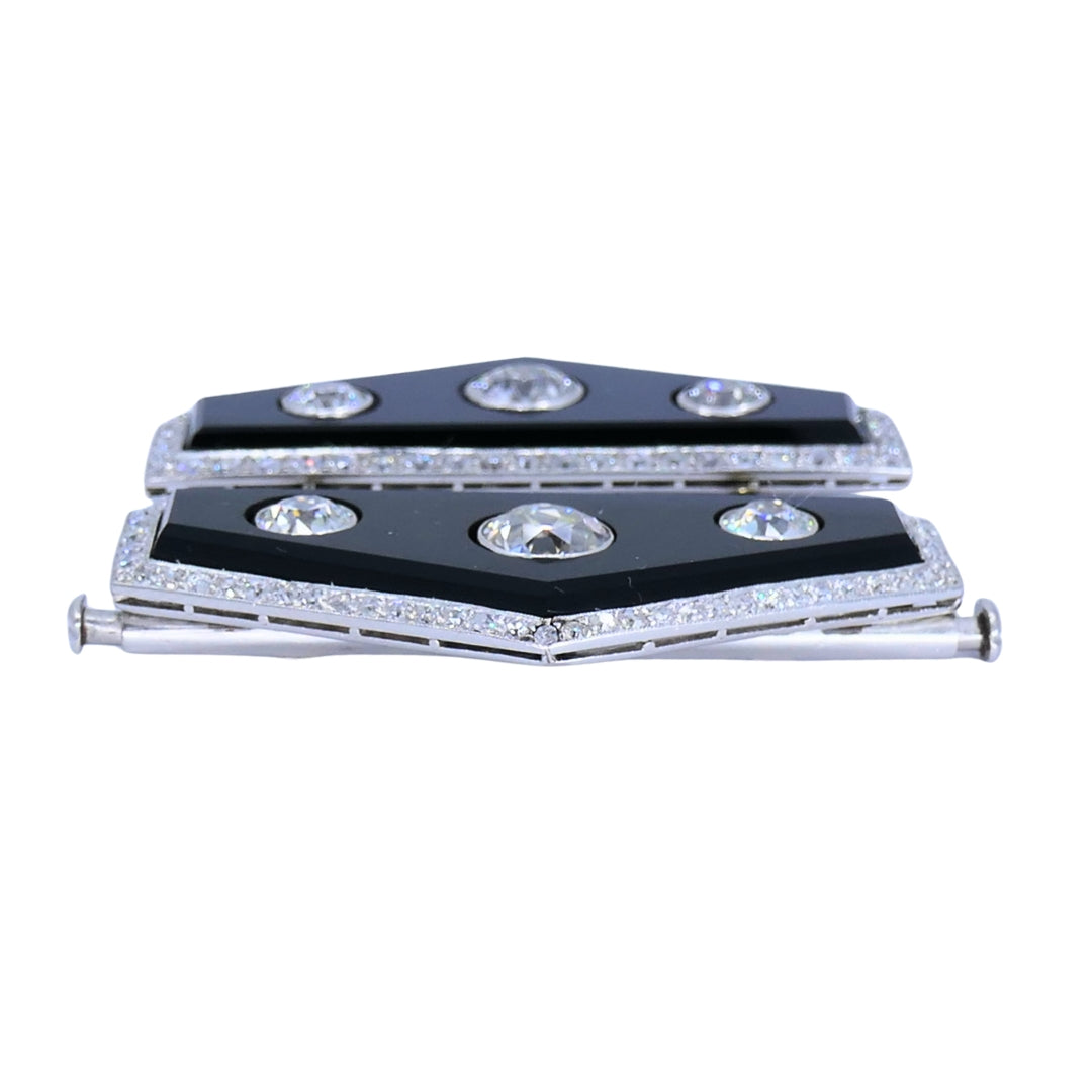 Art Deco Platinum Diamond & Onyx Double Clip Brooch Charlton & Co.