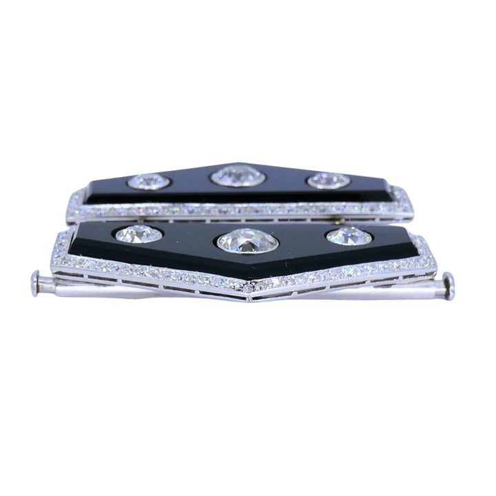Art Deco Platinum Diamond & Onyx Double Clip Brooch Charlton & Co.