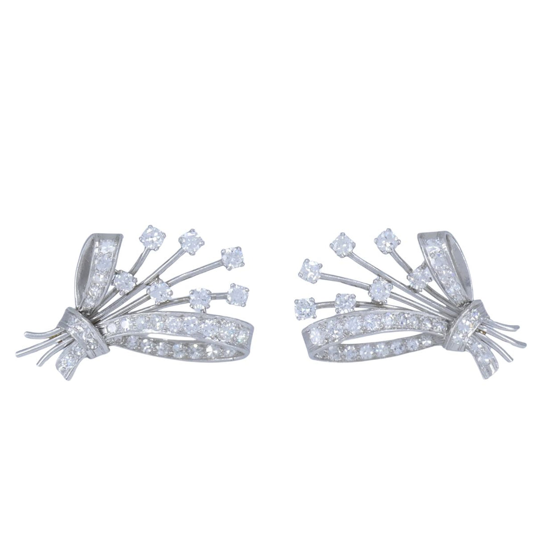 Mid Century Platinum Diamond Spray Earrings 4.30 Carats Bow Motif Gold Posts