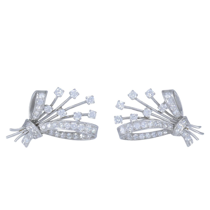 Mid Century Platinum Diamond Spray Earrings 4.30 Carats Bow Motif Gold Posts