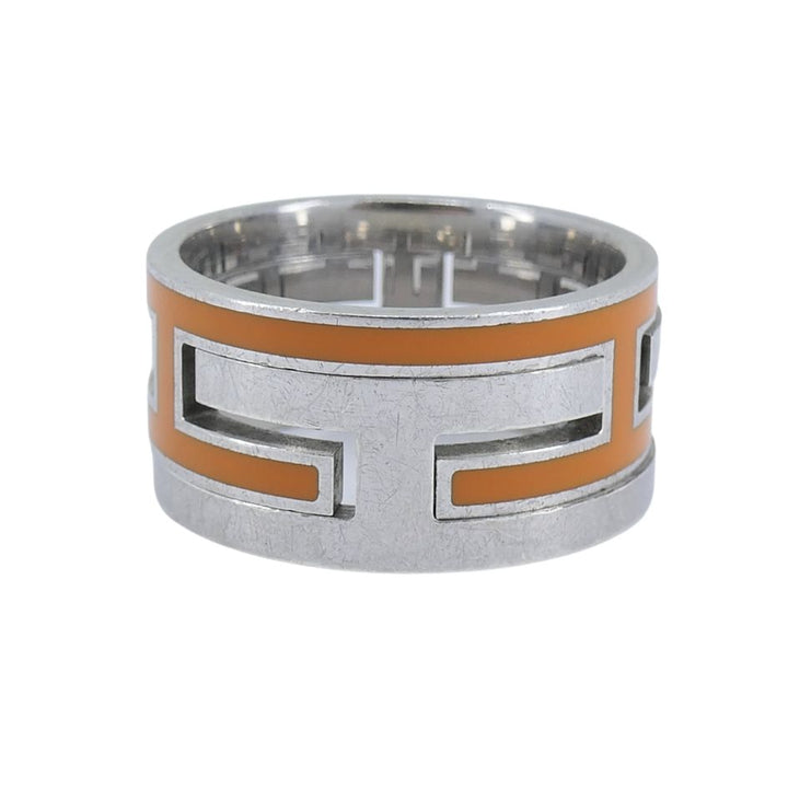 Hermès Sterling Silver Orange Enamel 'H' Motif Band Ring