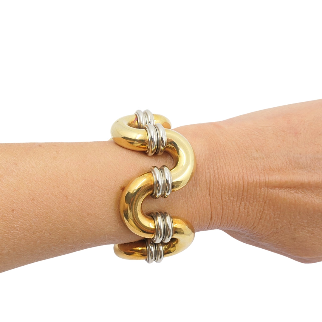 Vintage Sculptural 18k Gold Link Bracelet Wide Two-Tone Gold