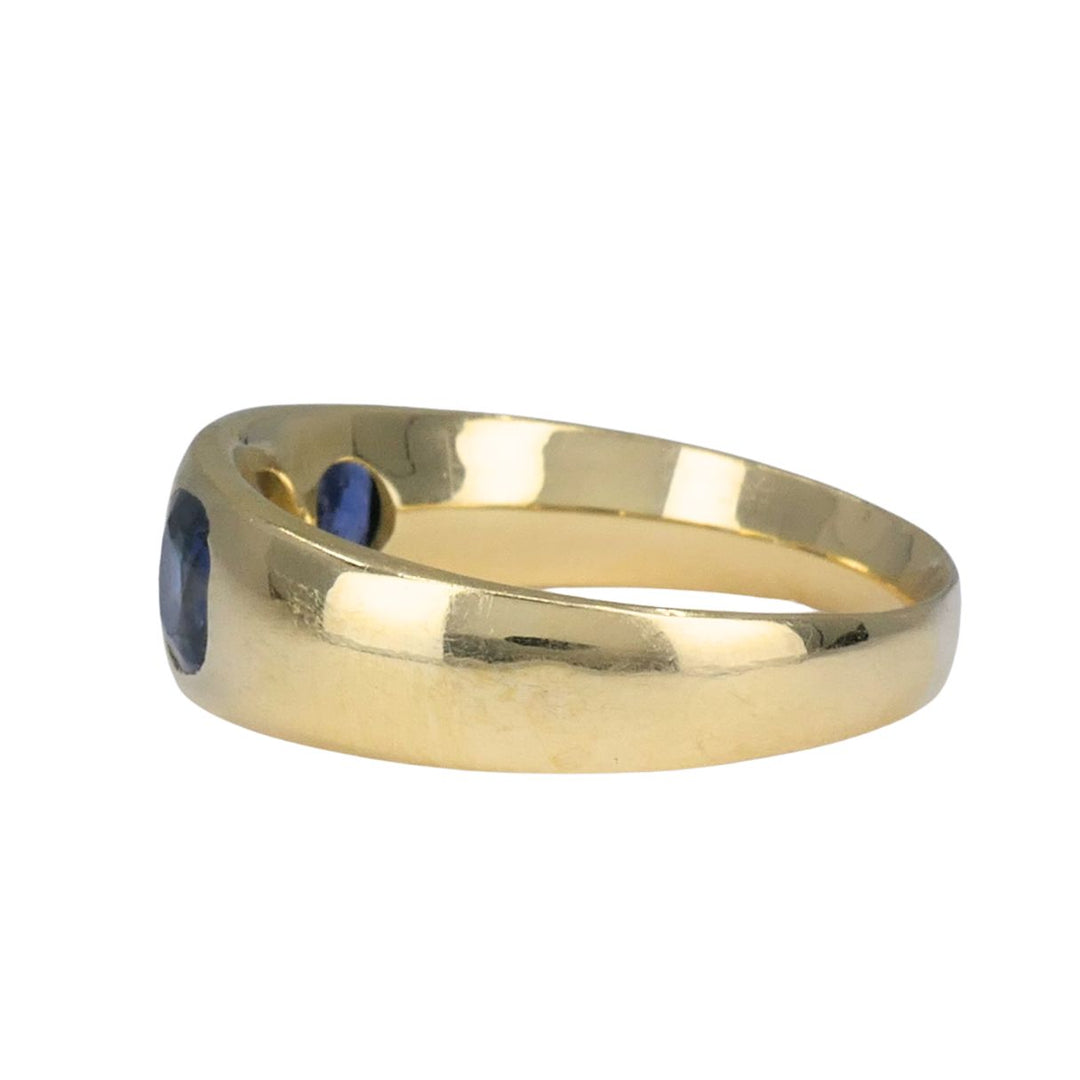 Vintage 18k Gold Sapphire Diamond Gypsy Three Stone Ring