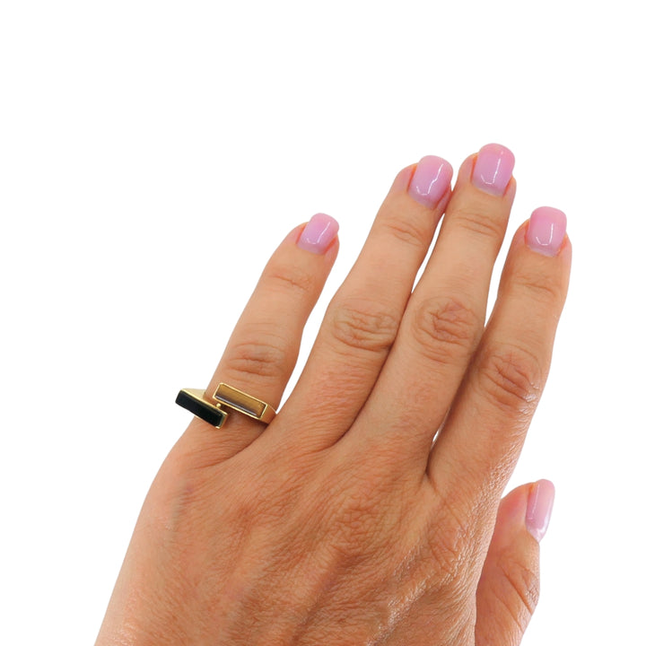 Vintage Tiffany & Co. 18k Gold Onyx Tiger's Eye Modernist Bypass Ring