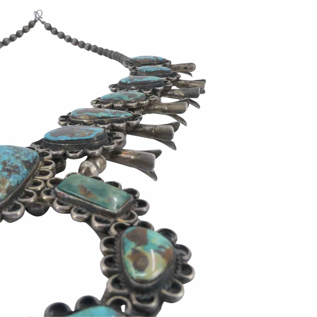 Navajo Sterling Silver Turquoise Signed Squash Blossom Necklace