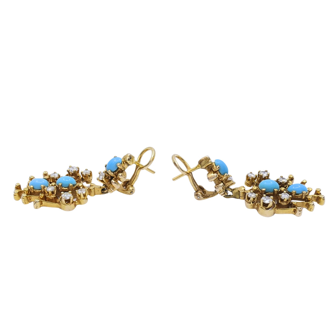 14k Yellow Gold Turquoise Diamond Scrollwork Drop Earrings