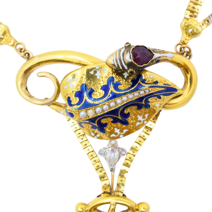 Victorian Gold Snake Necklace Diamond Ruby Enamel, 1900s Antique