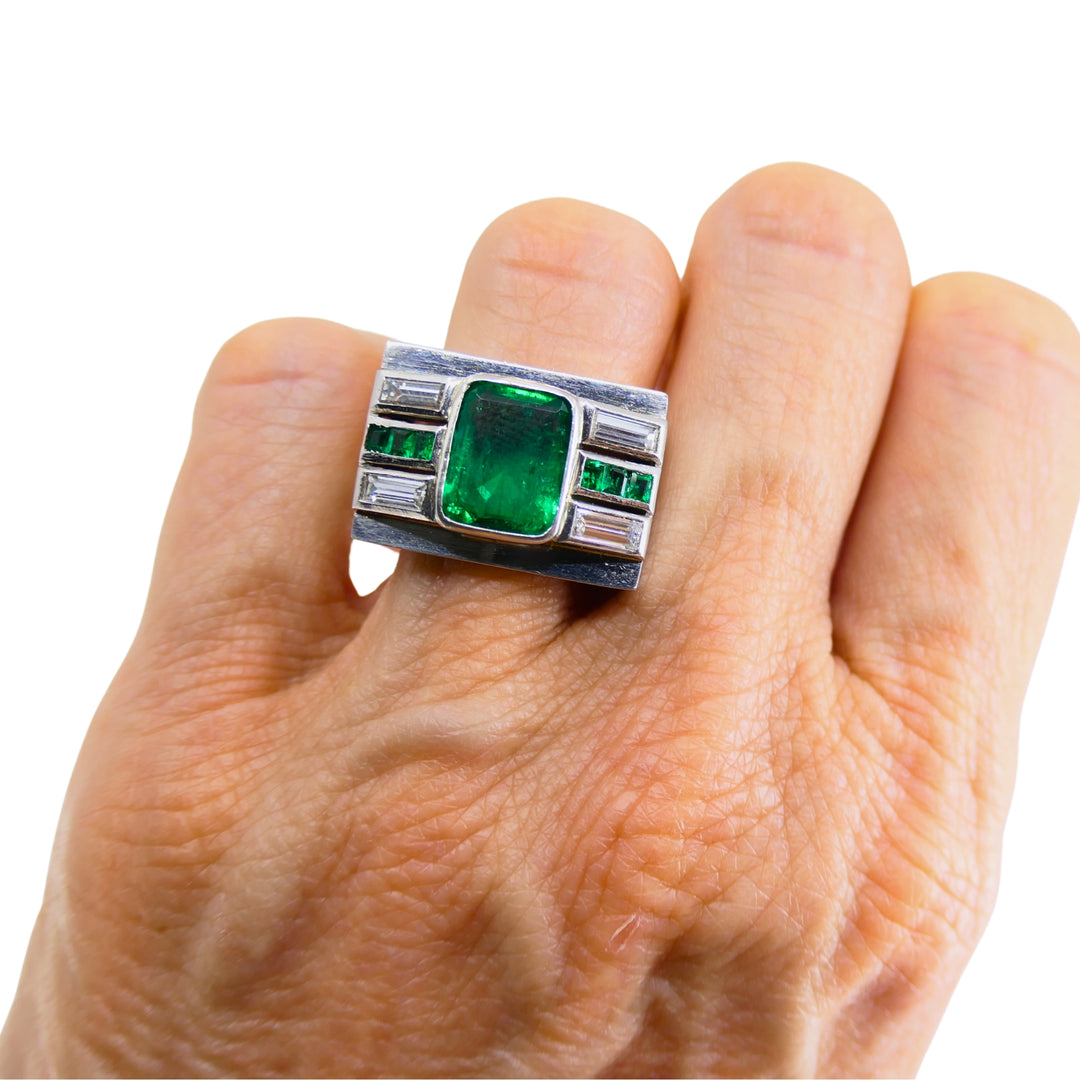 Emerald Diamond Ring Art Deco Revival Platinum Ring French