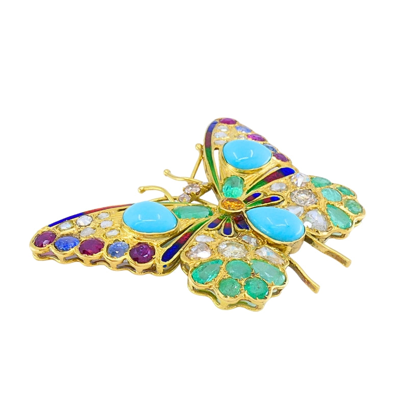 Vintage 18k Gold Multigem Butterfly Brooch Statement Insect Jewelry