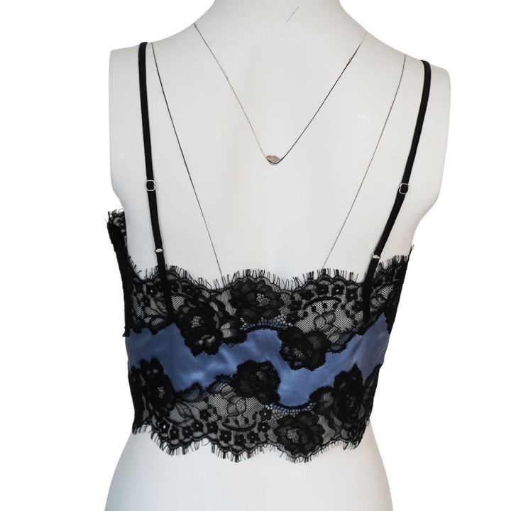 Fleur du Mal Blue Silk Black Lace Cropped Tank Top