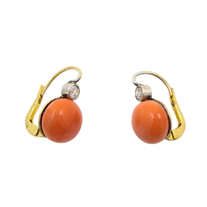Antique 14k Gold Coral Diamond Accent Drop Earrings