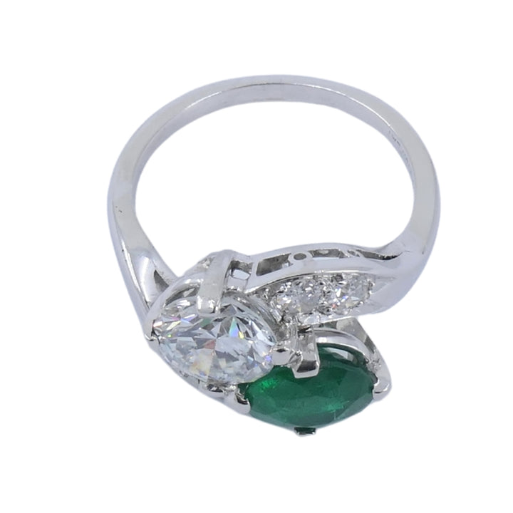 Vintage Platinum Toi et Moi Engagement Ring Diamond Emerald