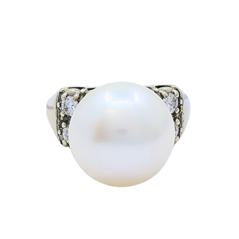 Vintage Pearl Diamond Ring 14k White Gold