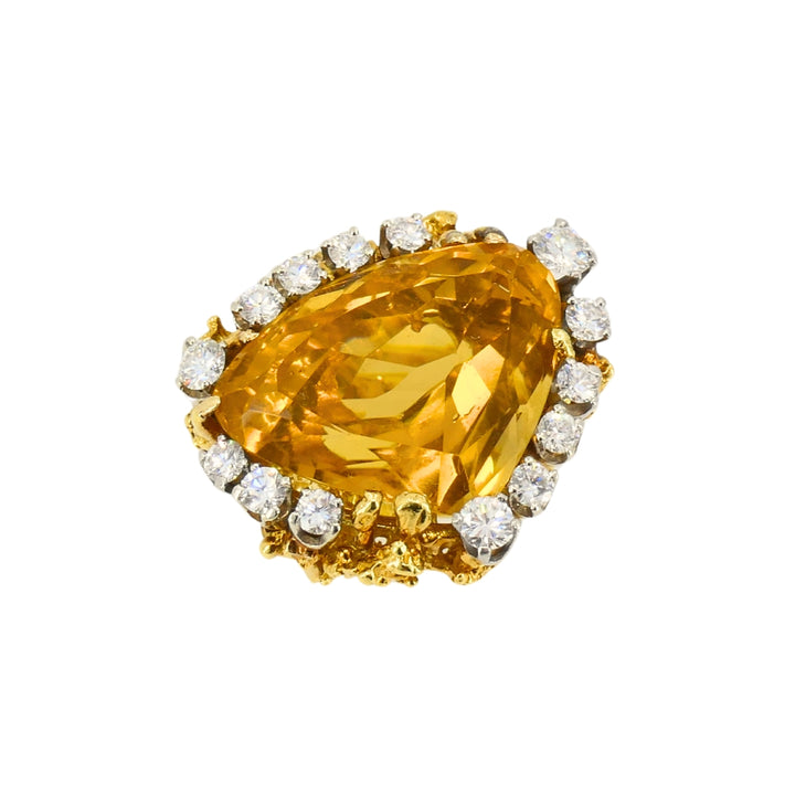 Vintage 18k Gold Citrine Diamond Ring Brutalist Design