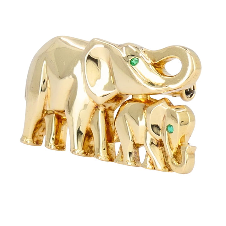 Vintage Cartier Ménagerie 18k Gold Emerald Mother and Baby Elephant Brooch