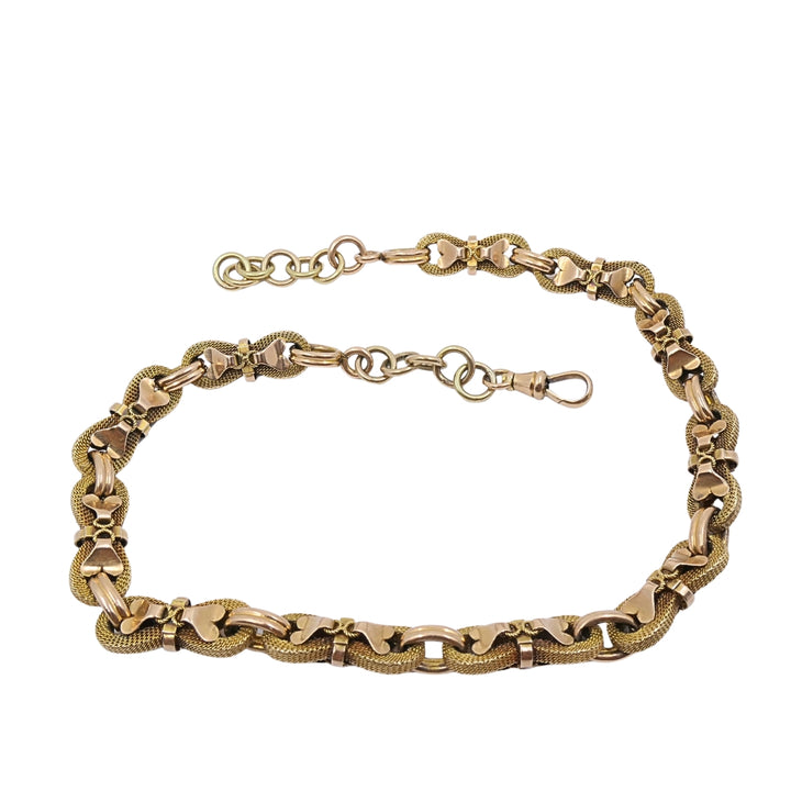 Victorian 18k Gold Mesh Link Necklace Heart Bow Motifs