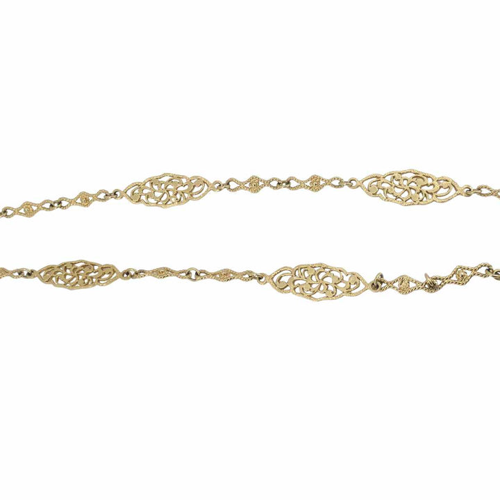 Vintage 14K Gold Openwork Filigree Marquise Long Chain Necklace