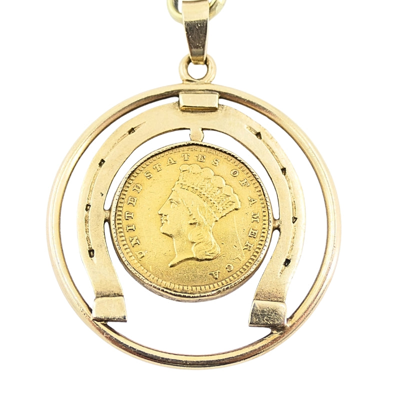 Victorian Revival 14k Gold Indian Princess Dollar Horseshoe Pendant Necklace