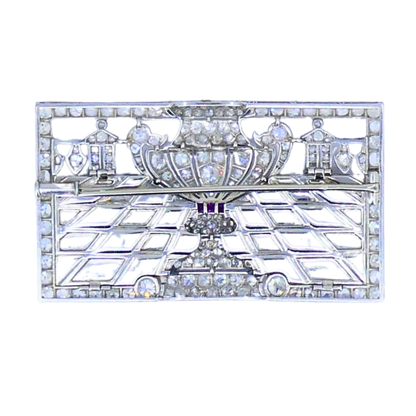 Art Deco Platinum Diamond Brooch Black Onyx Ruby 1920s Vintage Jewelry