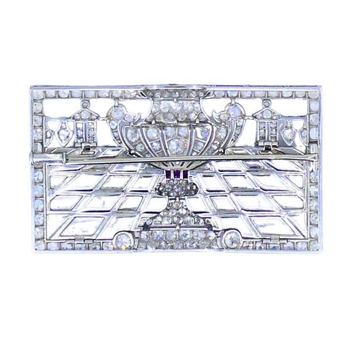 Art Deco Platinum Diamond Brooch Black Onyx Ruby 1920s Vintage Jewelry