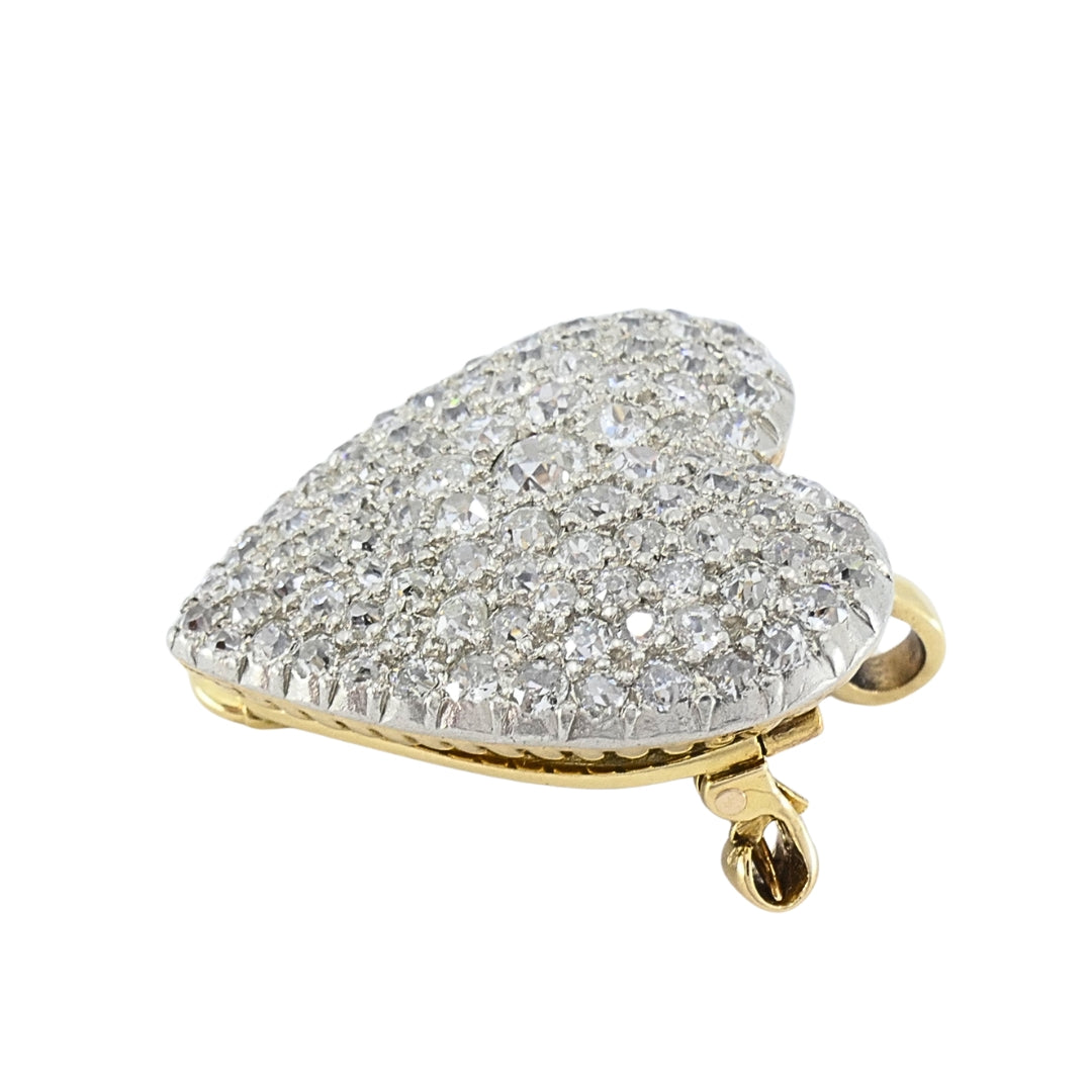 Cartier 18k Gold Platinum Pavé Diamond Heart Brooch-Pendant