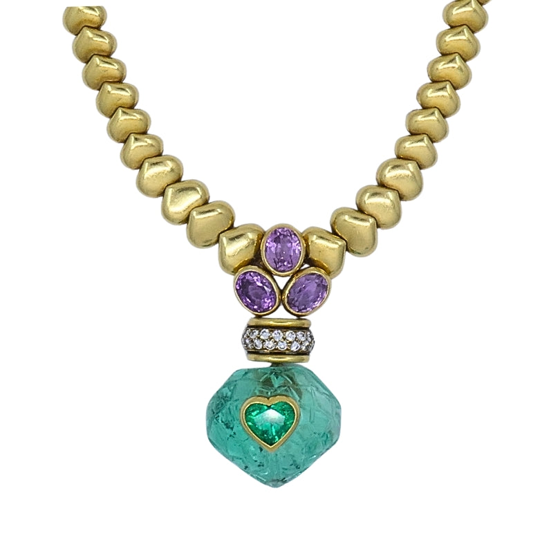 André Vassort 18k Gold Necklace Emerald Heart Pendant GIA