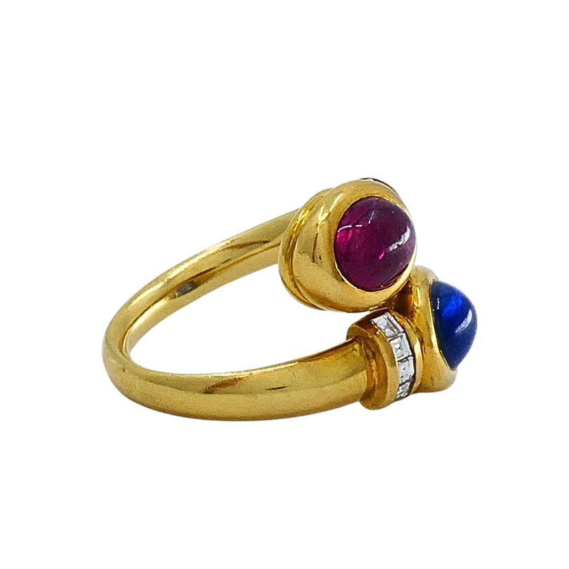 French 18k Gold  Ruby Sapphire Diamond Bypass Ring