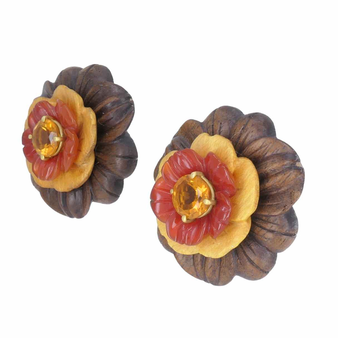 Bettina Gabetti for Trianon Flower Earrings 18k Gold Wood Carnelian Citrine