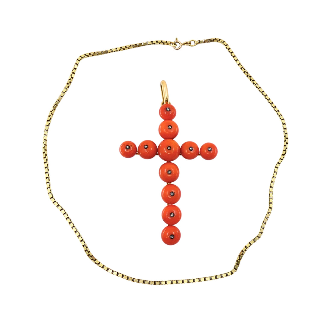 Victorian 18k Gold Coral Diamond Accent Cross Pendant Necklace 14k Gold Chain