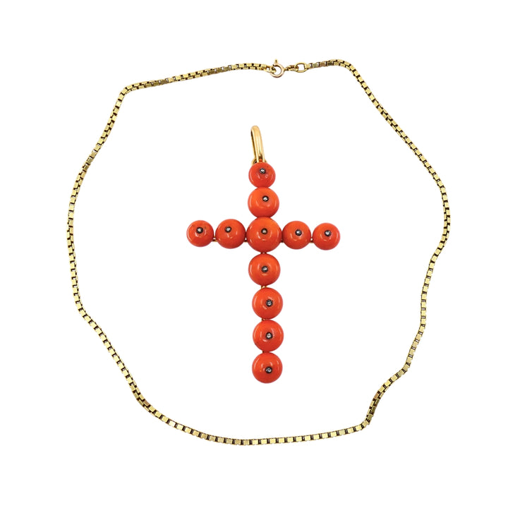 Victorian 18k Gold Coral Diamond Accent Cross Pendant Necklace 14k Gold Chain
