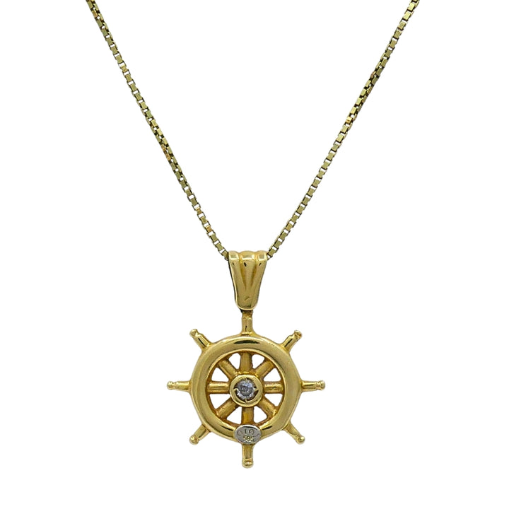 14K Gold Nautical Wheel Pendant Necklace Diamond Accent