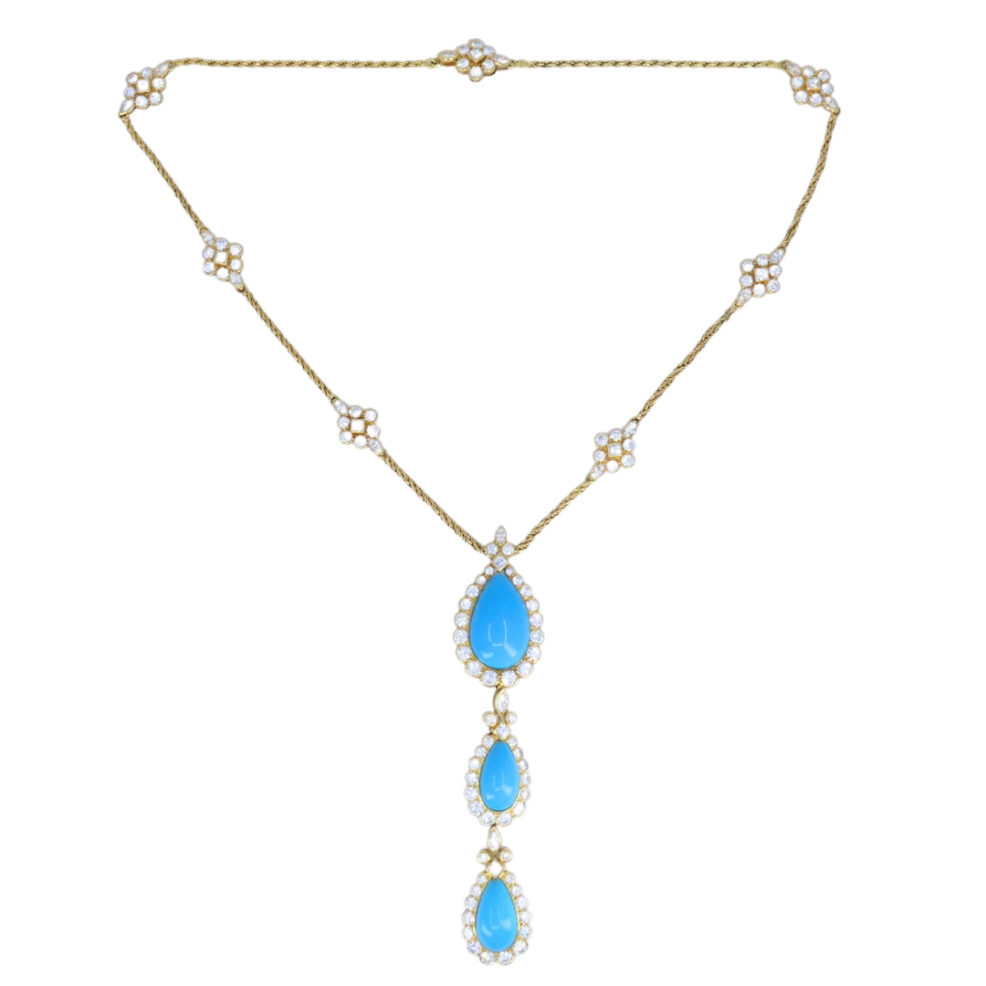 Chaumet Paris 18k Gold Diamond Turquoise Drop Necklace Three-Tiered Necklace