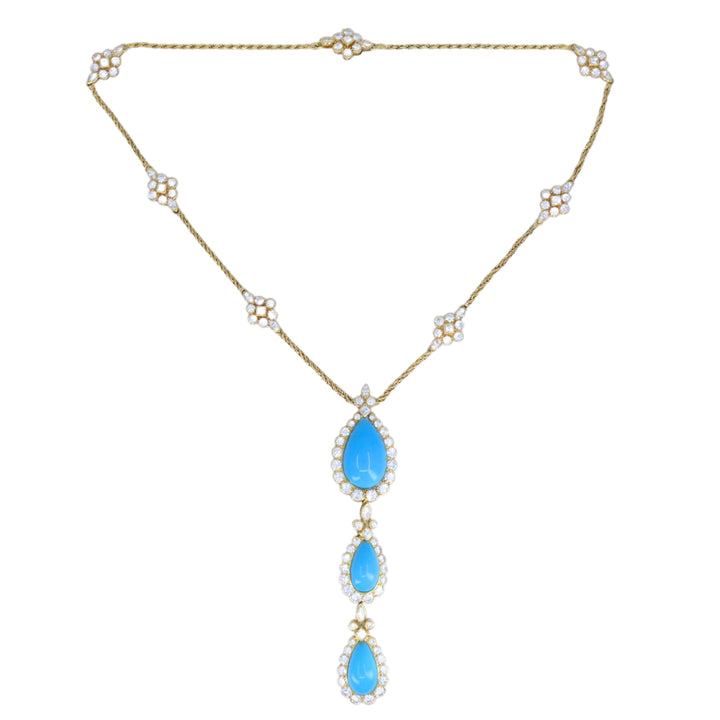 Chaumet Paris 18k Gold Diamond Turquoise Drop Necklace Three-Tiered Necklace