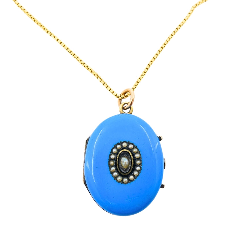 Victorian 14k Gold Necklace Blue Enamel Locket Pendant