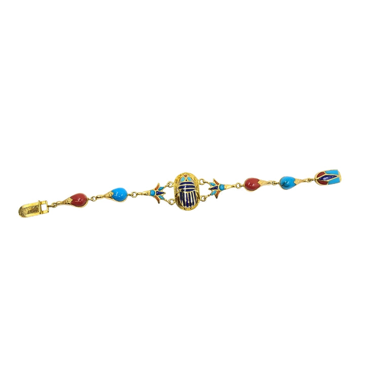 21k Gold Egyptian Revival Scarab Turquoise Coral Enamel Bracelet