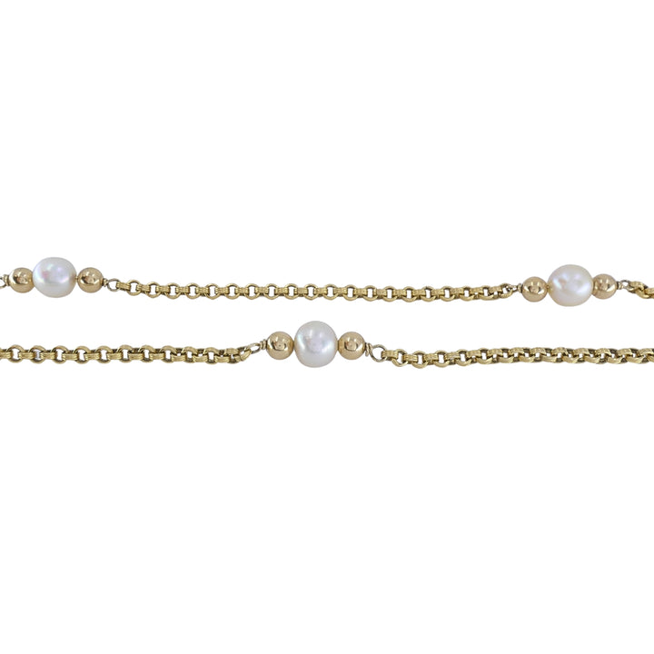 Vintage 10k Gold Cultured Pearl Long Chain Station Necklace
