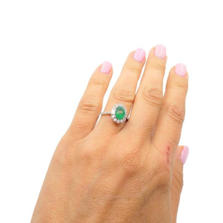 Emerald Ring 14k Gold Diamond Cluster Ring