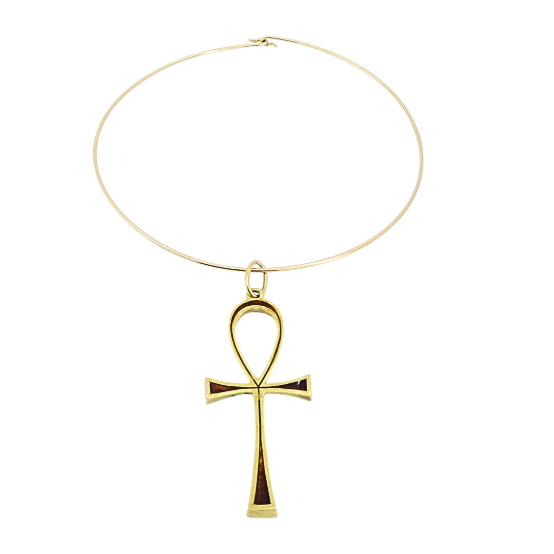 Ankh Cross Pendant 18k Gold Enamel and 14k Gold Wire Choker Necklace