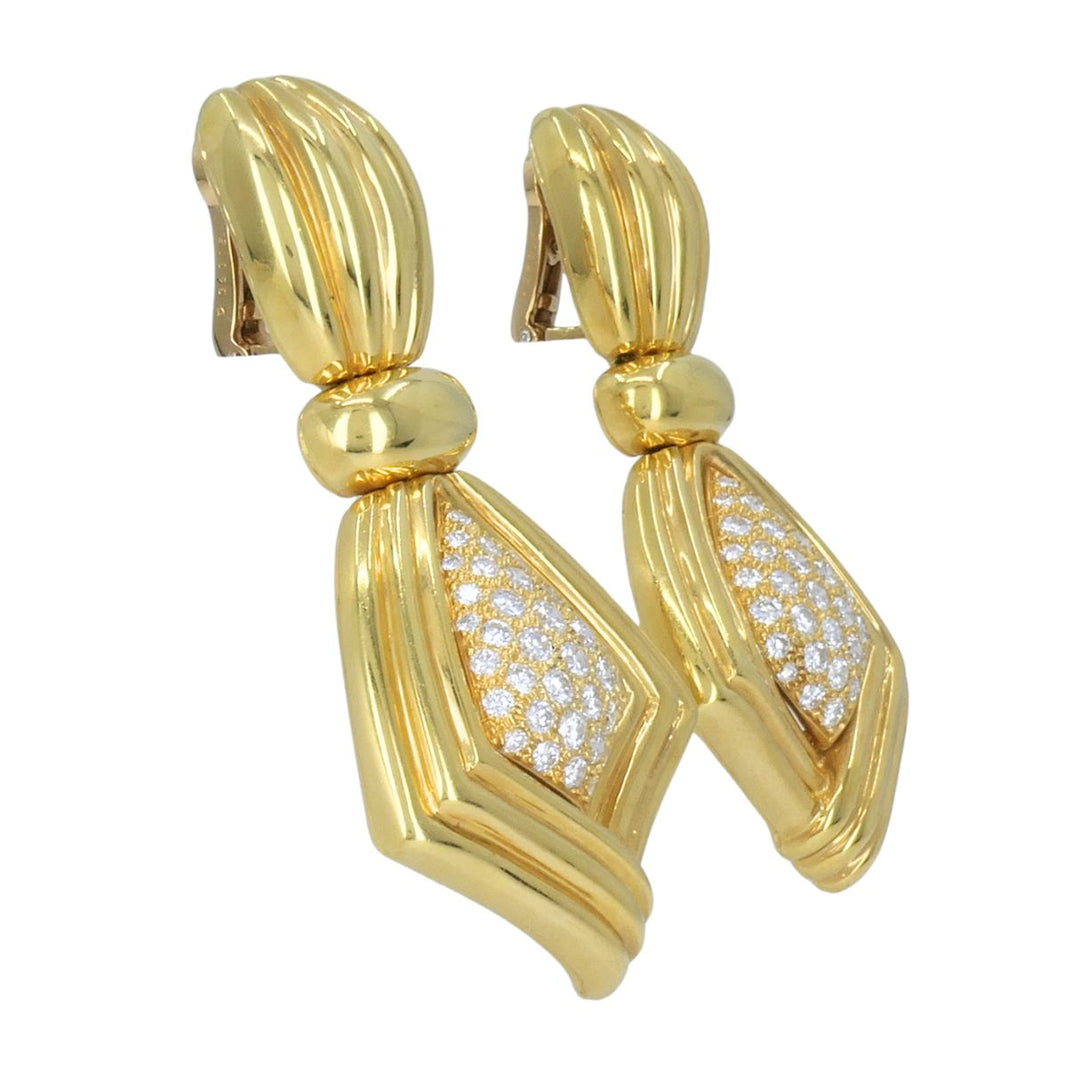 Vintage Boucheron Paris 18k Gold Diamond Ribbed Drop Earrings
