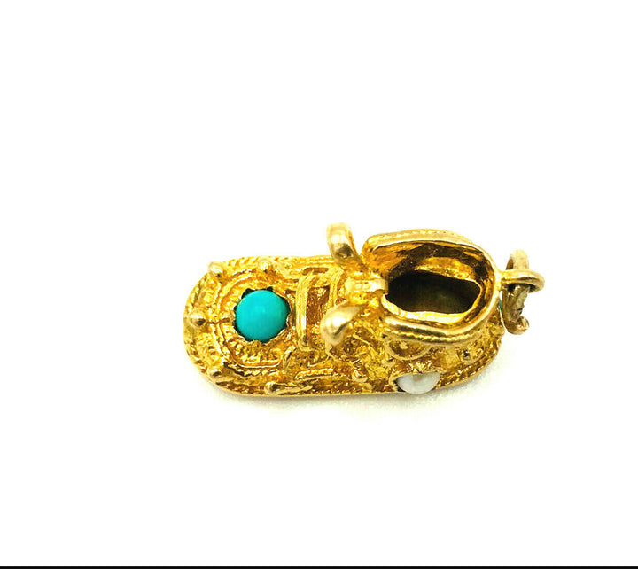 Vintage 10k Yellow Gold Turquoise Pearl Shoe Charm