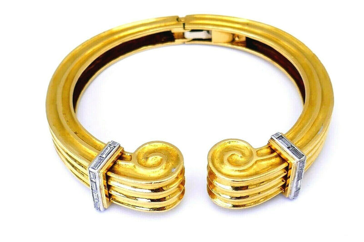 French Vintage Yellow Gold Diamond Sculptural Bangle Bracelet