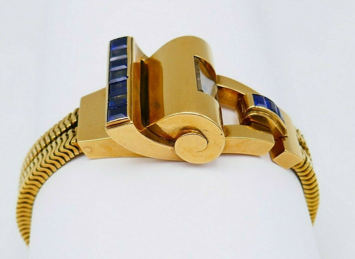 French Retro Yellow Gold Sapphire Snake Watch Bracelet