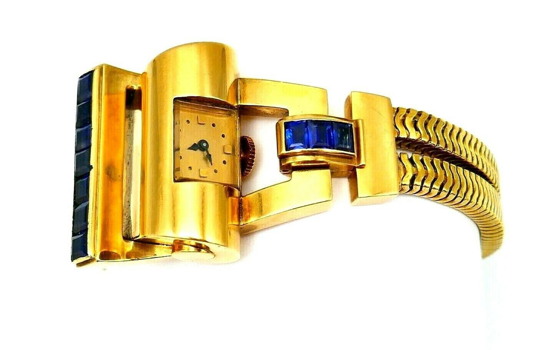 French Retro Yellow Gold Sapphire Snake Watch Bracelet