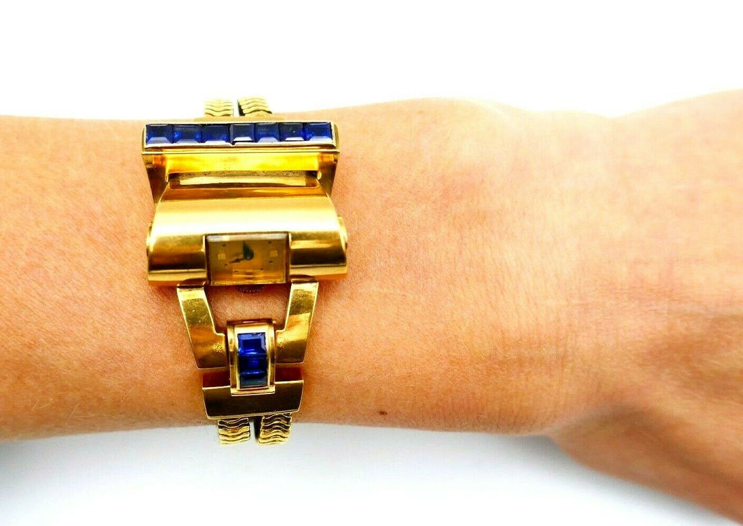 French Retro Yellow Gold Sapphire Snake Watch Bracelet