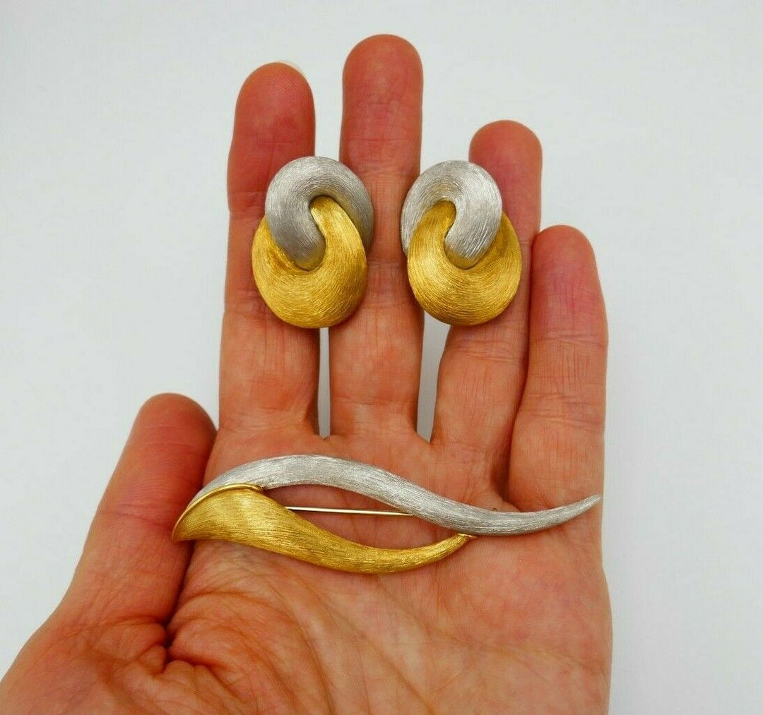 Henry Dunay Sabi Yellow Gold Platinum Earrings Brooch Set