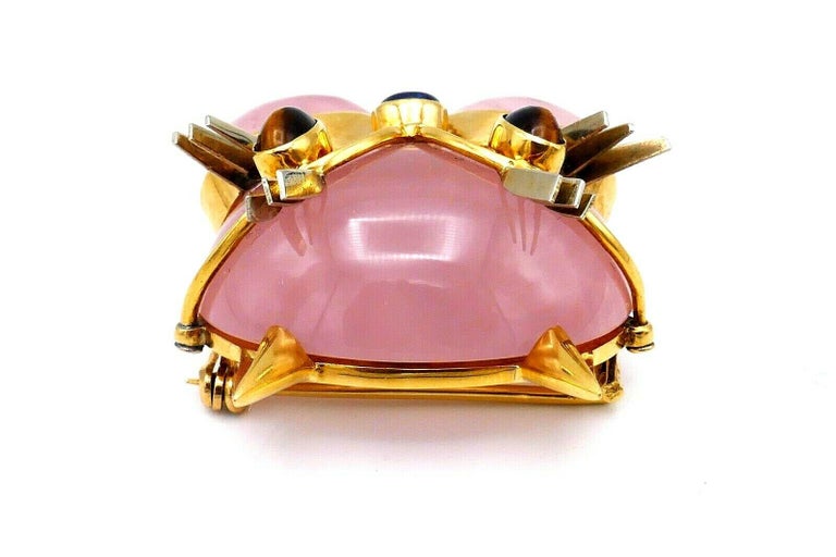 Tiffany & Co. Vintage Pink Quartz Gemstone Yellow Gold Cat Face Brooch