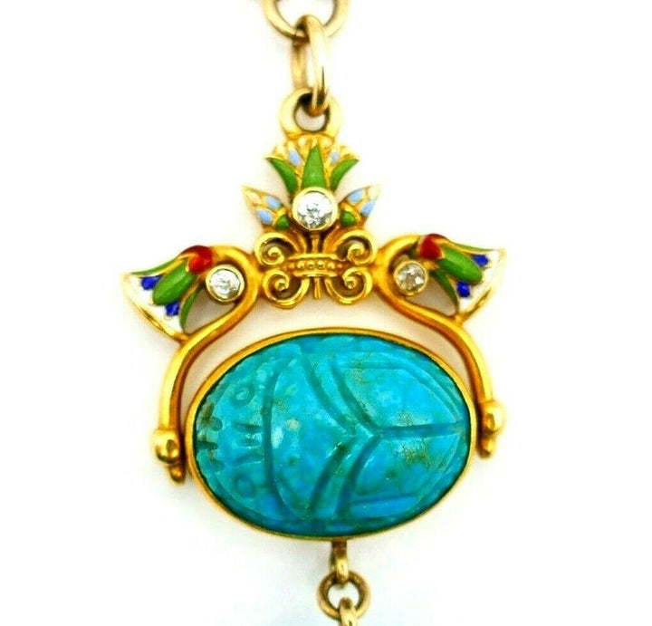 Antique Yellow Gold Diamond Enamel Turquoise Scarab Necklace