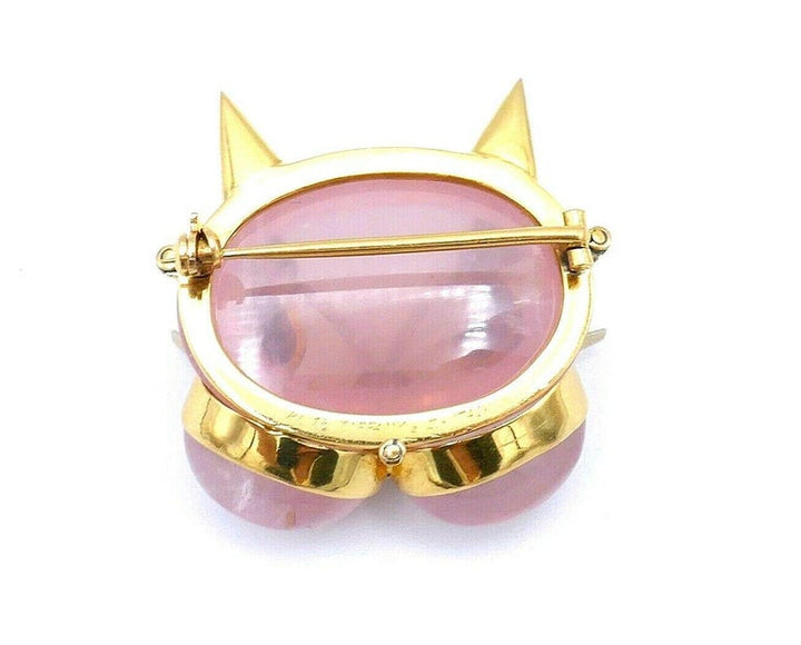 Tiffany & Co. Vintage Pink Quartz Gemstone Yellow Gold Cat Face Brooch