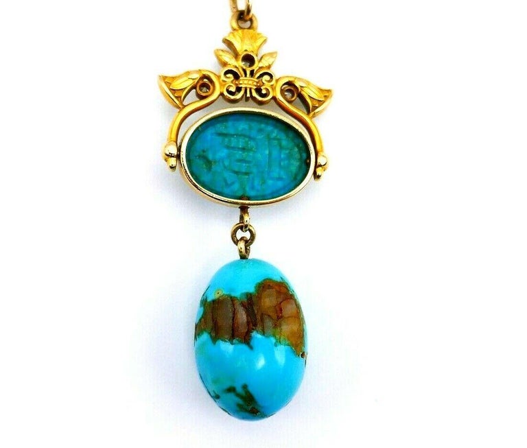 Antique Yellow Gold Diamond Enamel Turquoise Scarab Necklace