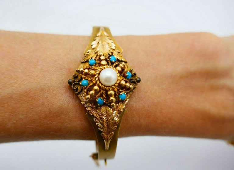 Antique Yellow Gold Turquoise Pearl Bangle Bracelet